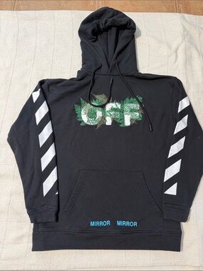 Off-White Black Hoodie with Green Leaf Logo and White Sleeve Stripes